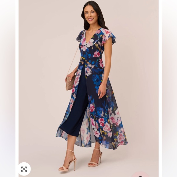 🎉HP🎉 NWOT Adrianna Papell FLORAL-PRINT CROPPED JUMPSUIT WITH CHIFFON OVERLAY - Picture 1 of 12